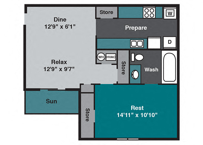 Floor plan for 1 bed, 1 bath, 650 sqft